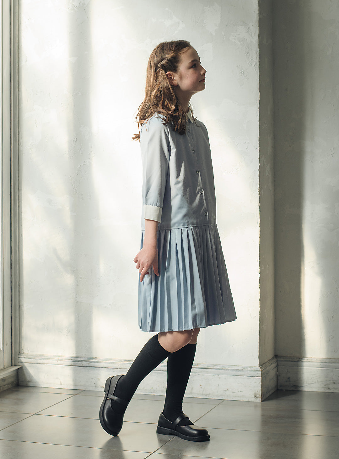 ブルーグレープリーツシャツワンピース