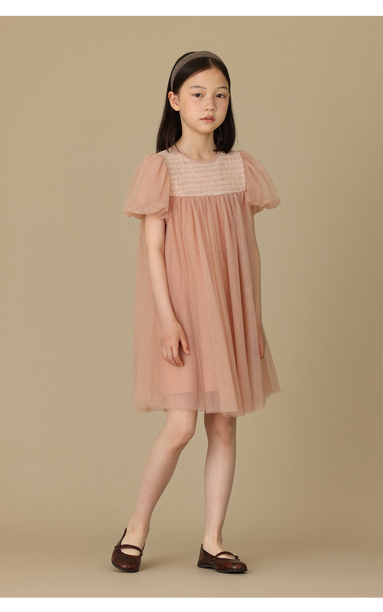 K5025 - Puff sleeves tulle dress with décolleté switching