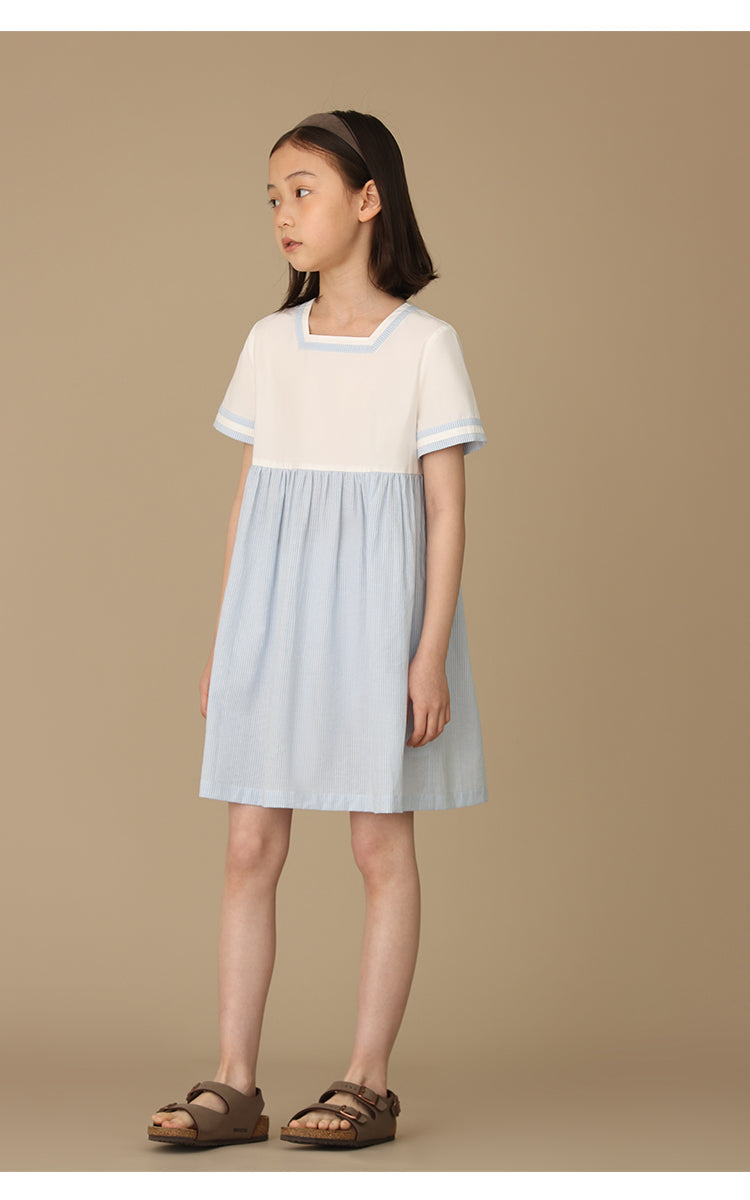 K5009 - Blue stripe square neck short sleeve dress