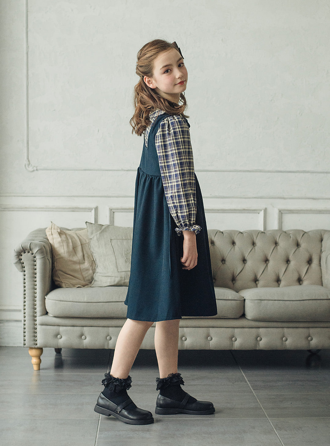 チェックブラウス×ジャンパースカートセットアップ