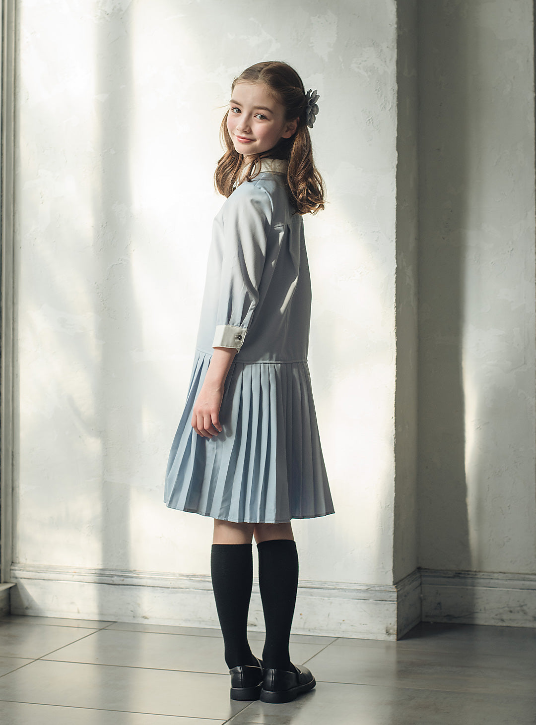 ブルーグレープリーツシャツワンピース