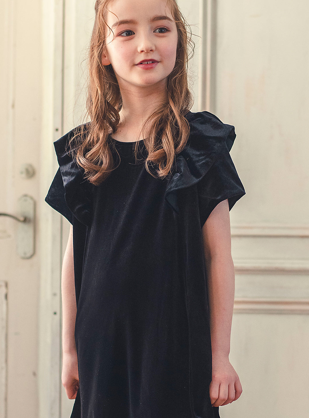 K3052 - Black velvet ruffle dress