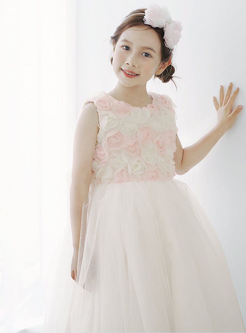 子供ドレス発表会・結婚式・おしゃれなDRESCCOのD-SU-226-アイボリーピンクシフォンローズドレスの画像9