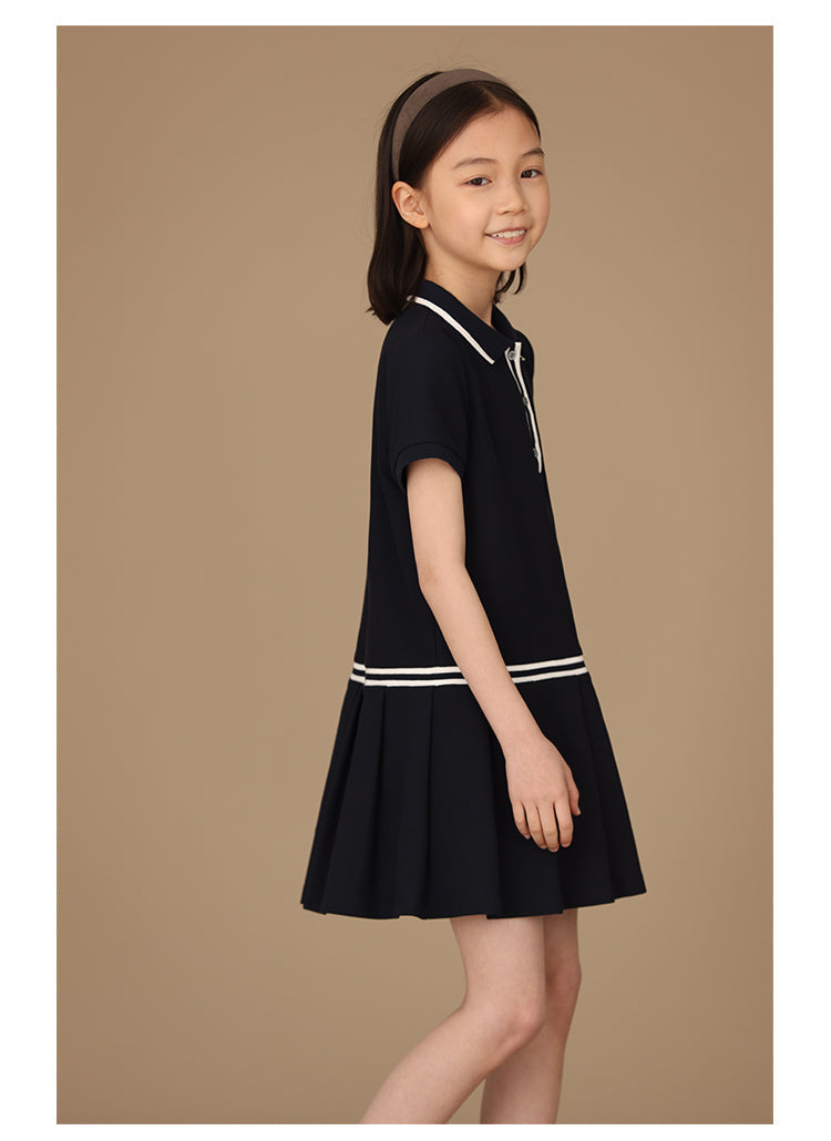 K4019 - Navy turtle neck pleated transitional dress