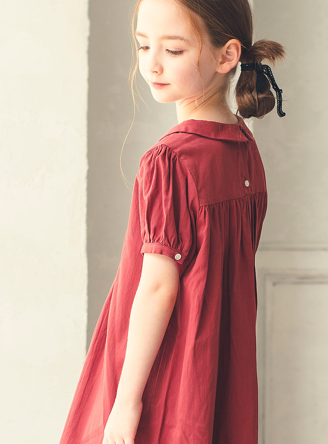 K3038 - Apple red puff sleeve cotton dress