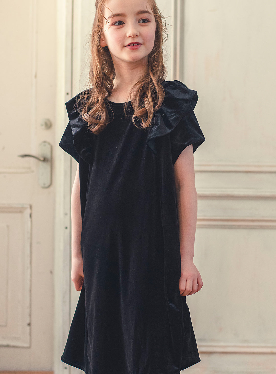 K3052 - Black velvet ruffle dress