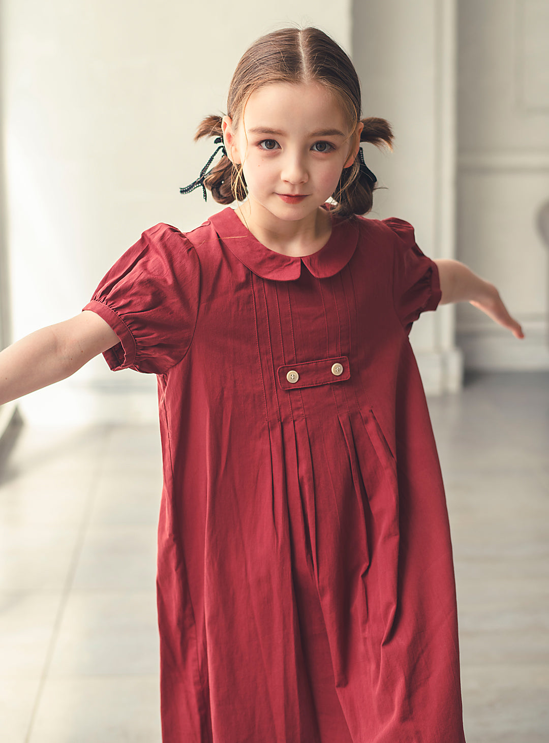 K3038 - Apple red puff sleeve cotton dress