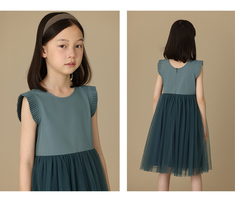 K6030 - Green grey organ pleated tulle dress