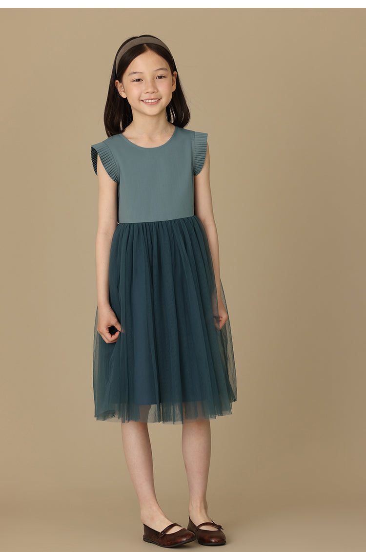 K6030 - Green grey organ pleated tulle dress