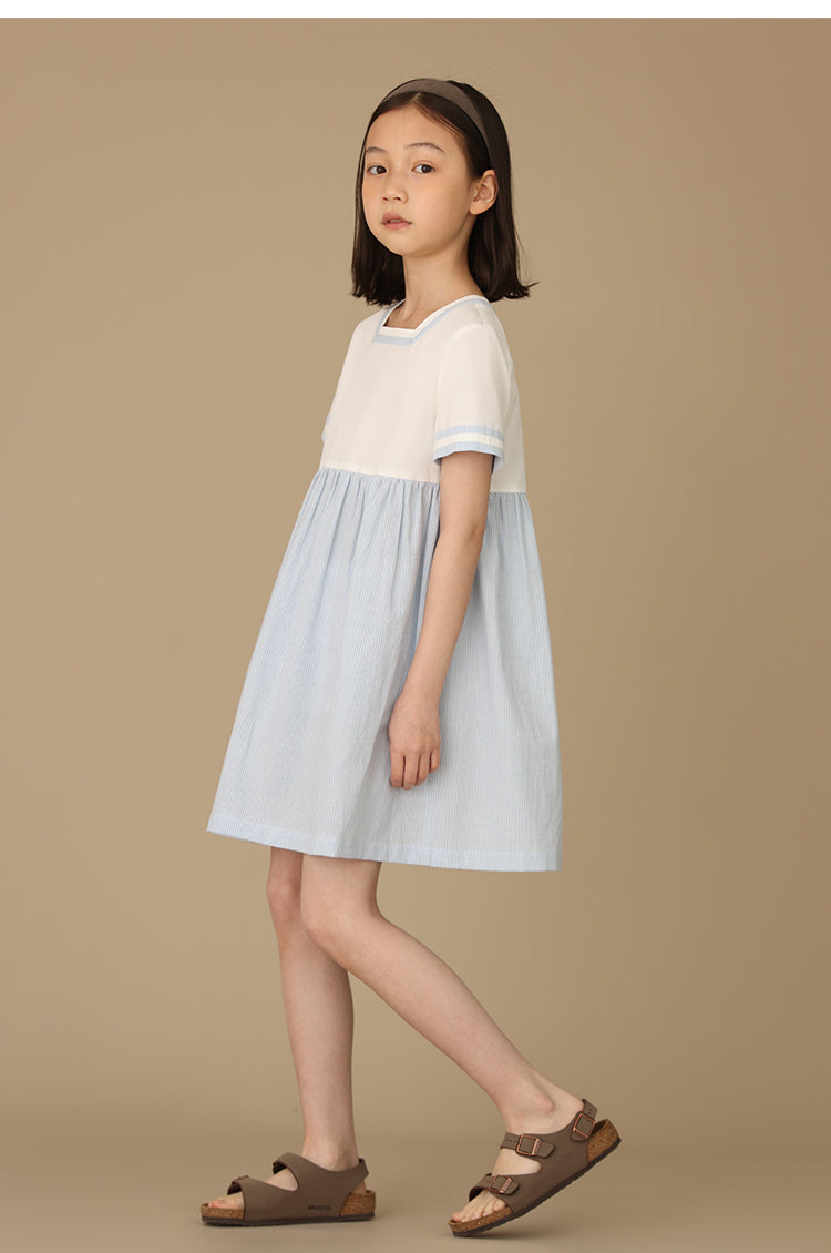 K5009 - Blue stripe square neck short sleeve dress