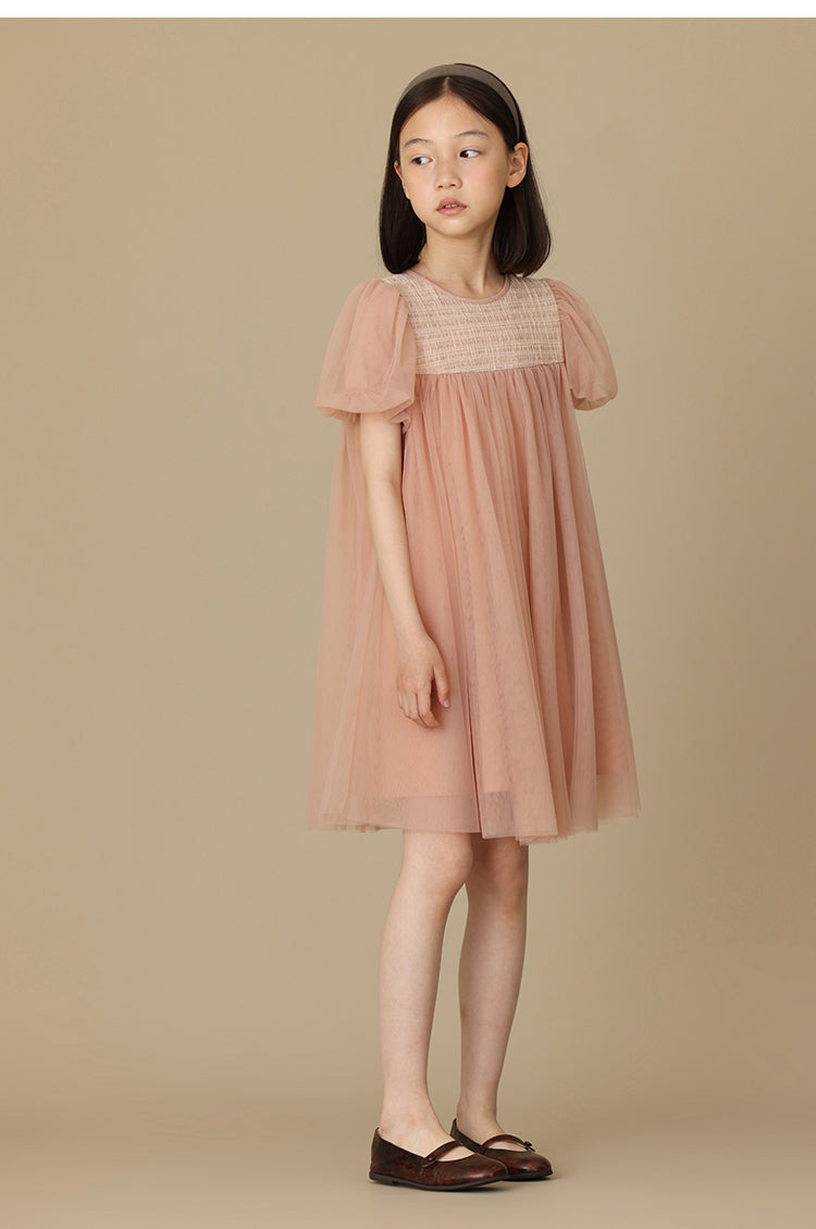 K5025 - Puff sleeves tulle dress with décolleté switching