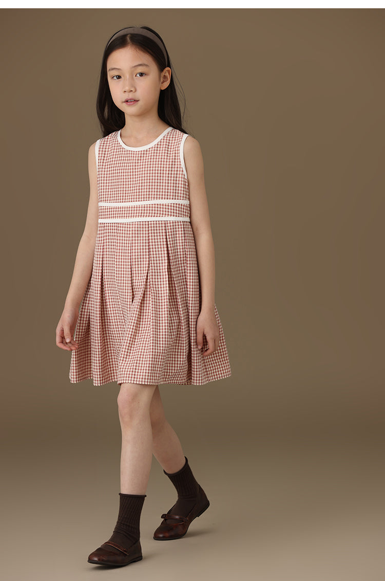 K3026 - Checked white piping sleeveless dress