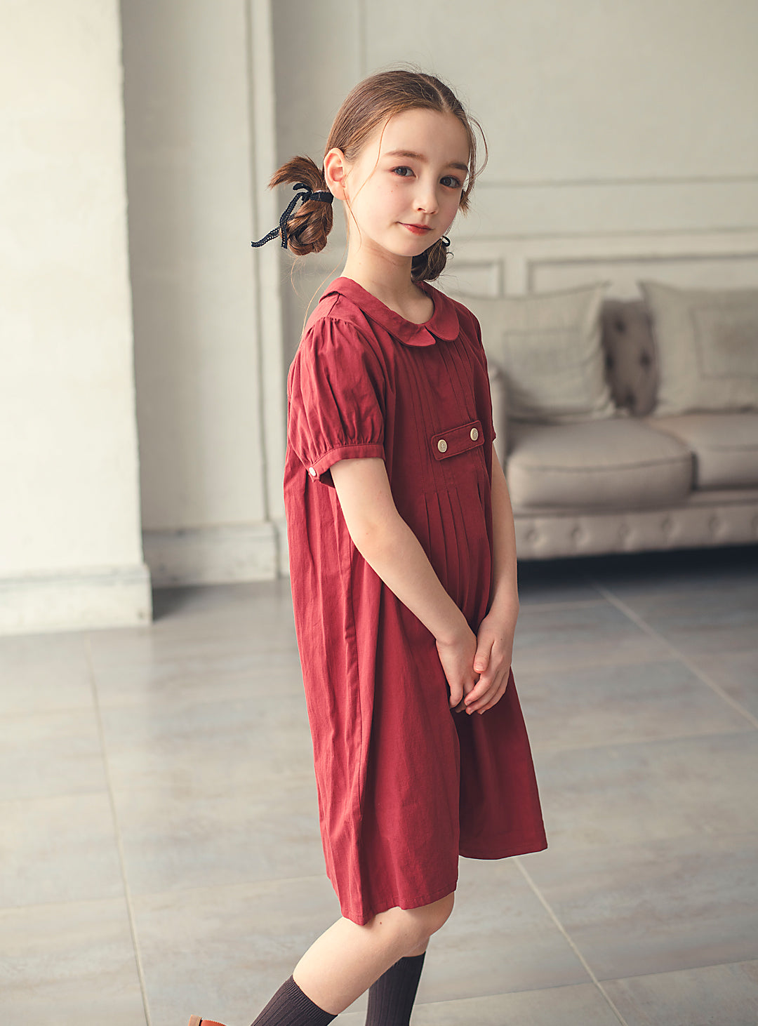 K3038 - Apple red puff sleeve cotton dress