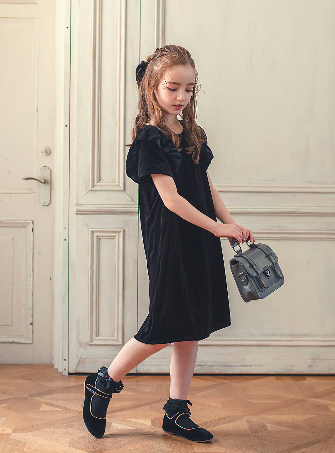 K3052 - Black velvet ruffle dress