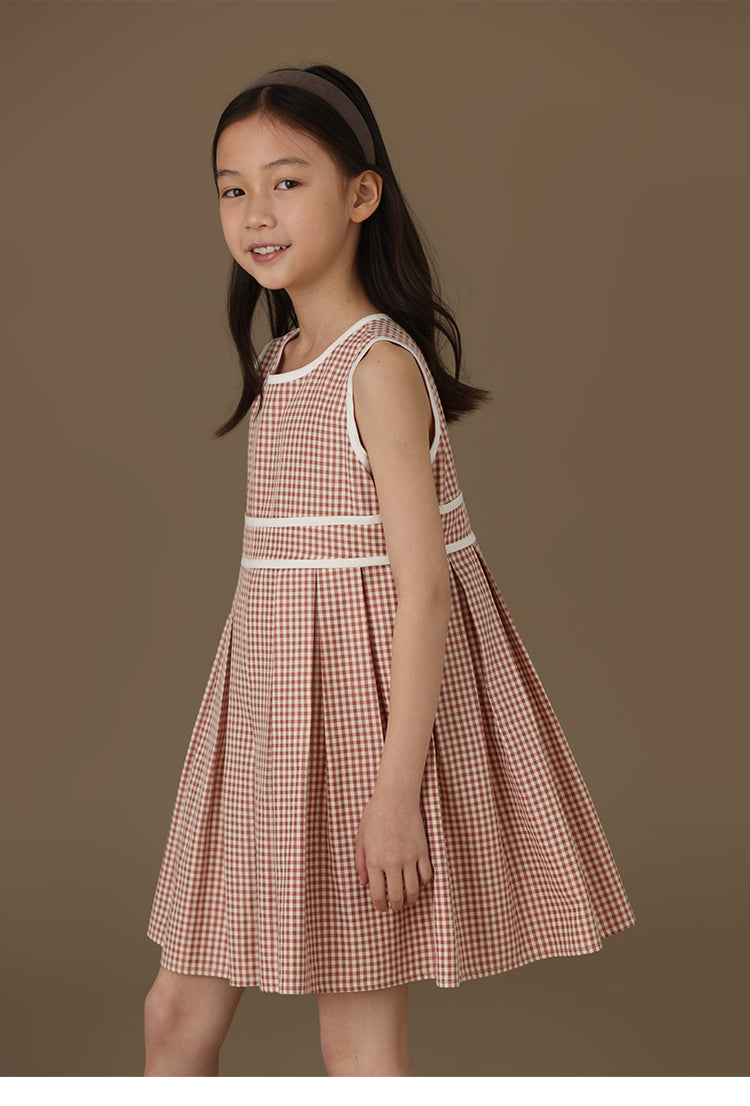 K3026 - Checked white piping sleeveless dress