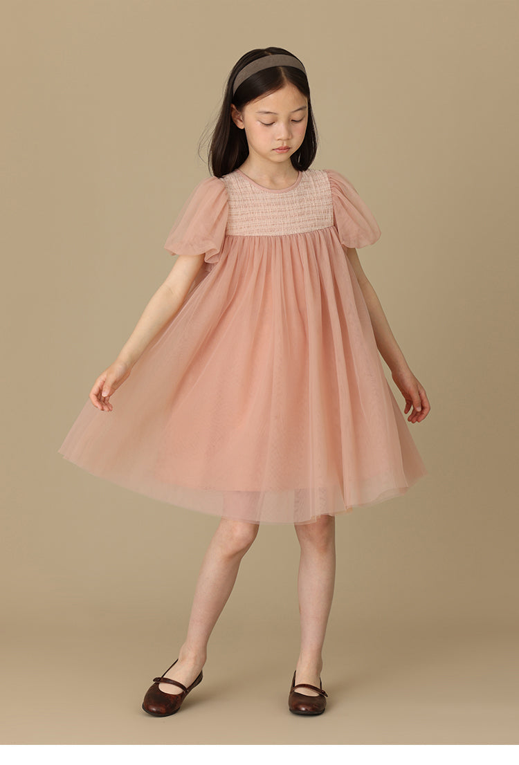 K5025 - Puff sleeves tulle dress with décolleté switching