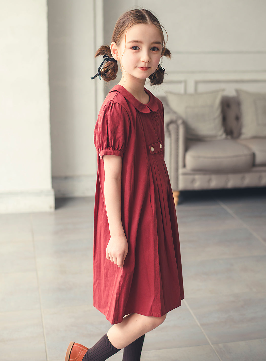 K3038 - Apple red puff sleeve cotton dress