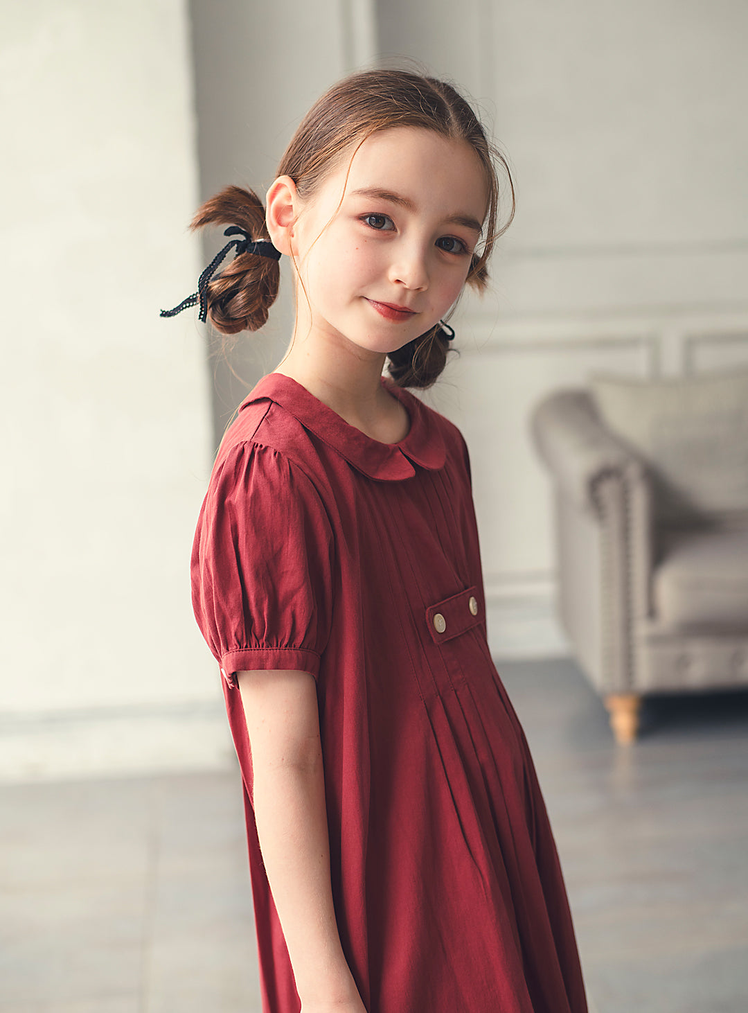 K3038 - Apple red puff sleeve cotton dress