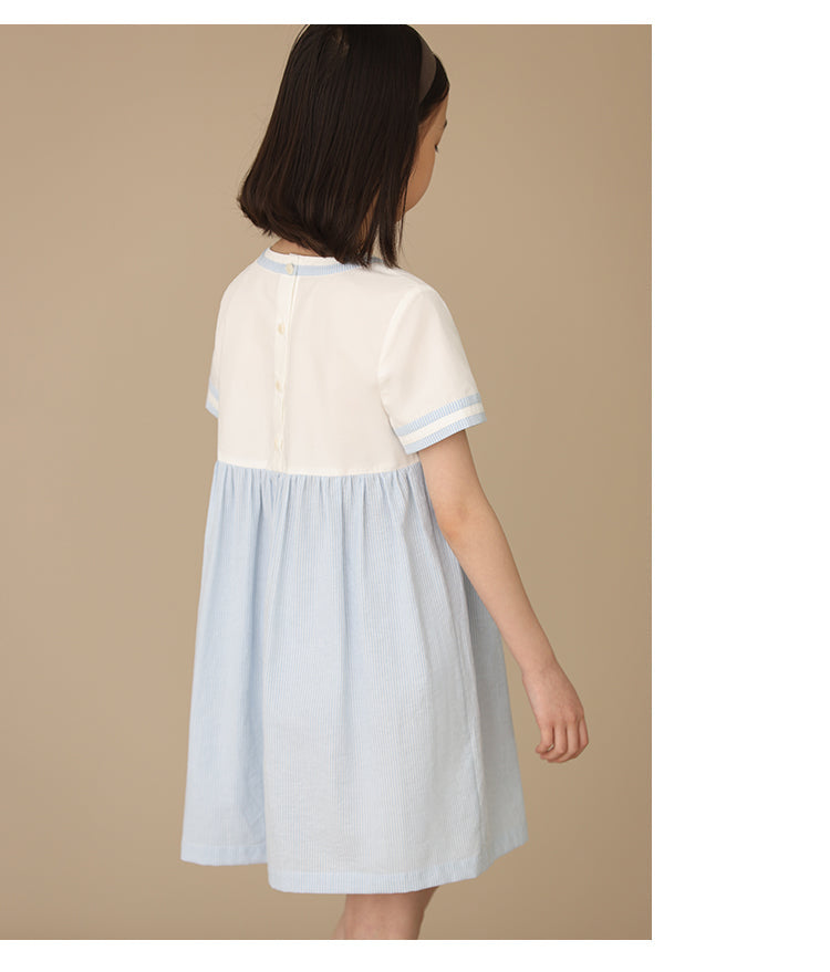 K5009 - Blue stripe square neck short sleeve dress