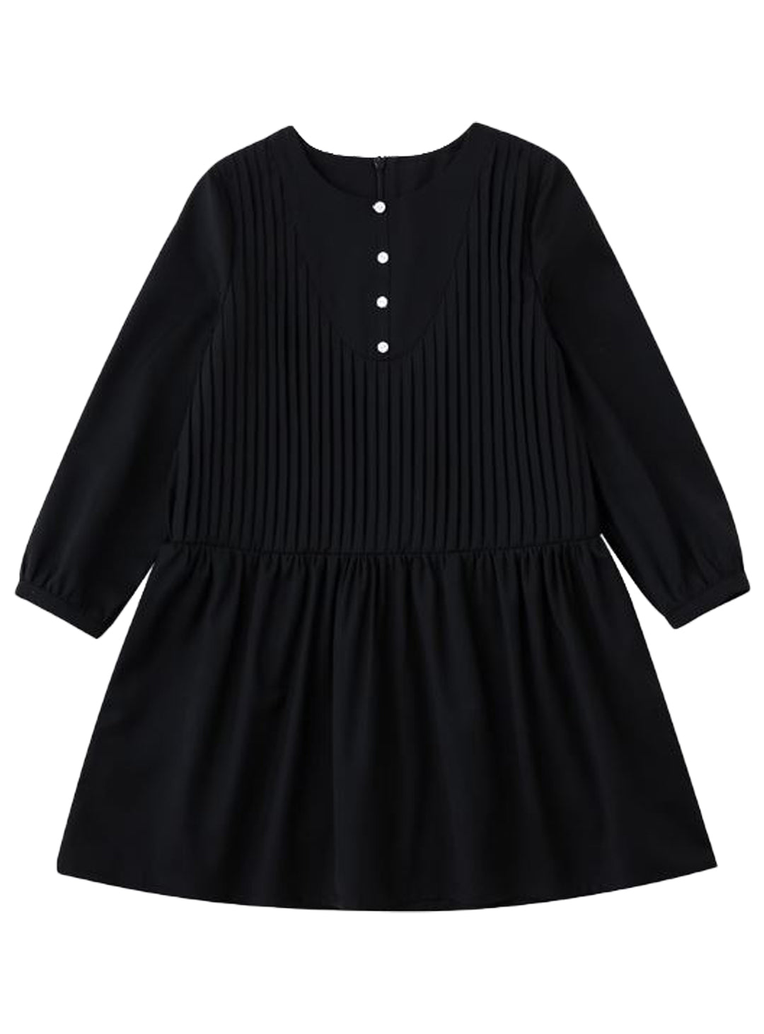 K512 - Round neck black pleated transitional dress