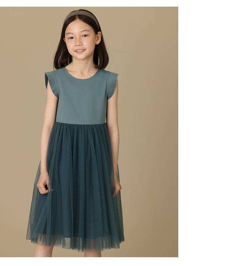 K6030 - Green grey organ pleated tulle dress