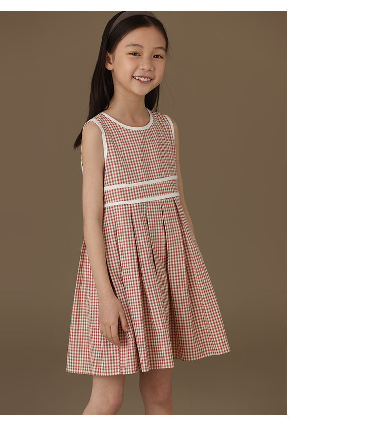 K3026 - Checked white piping sleeveless dress