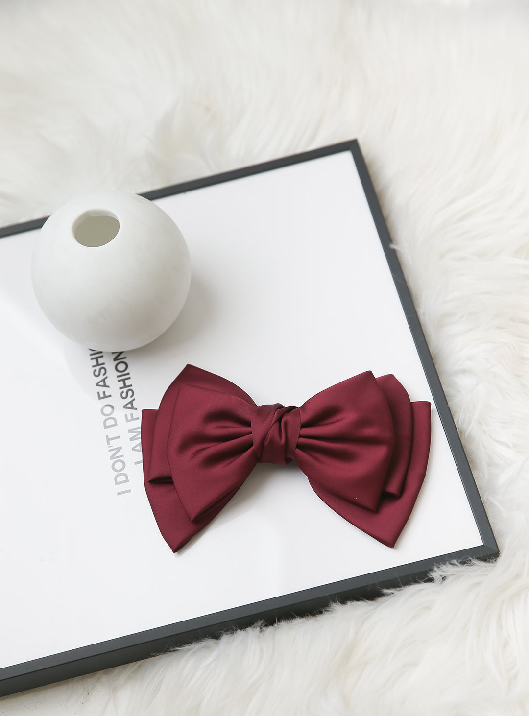 Silky big ribbon triple hairpin (wine)