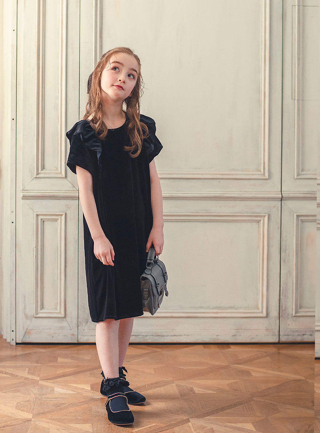 K3052 - Black velvet ruffle dress