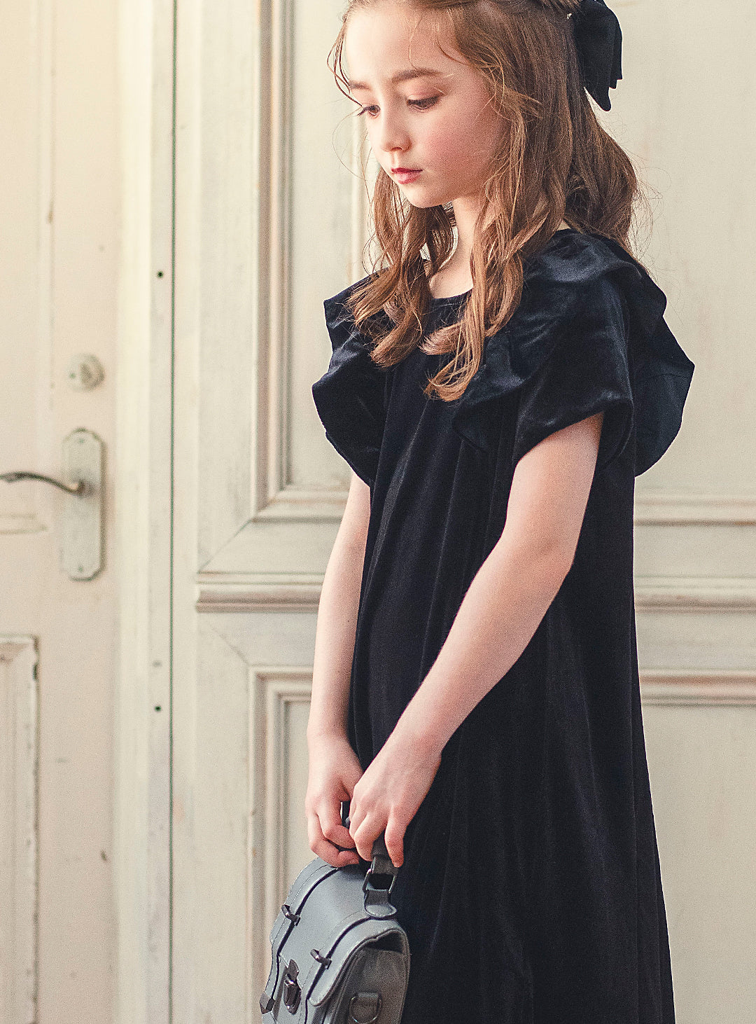 K3052 - Black velvet ruffle dress