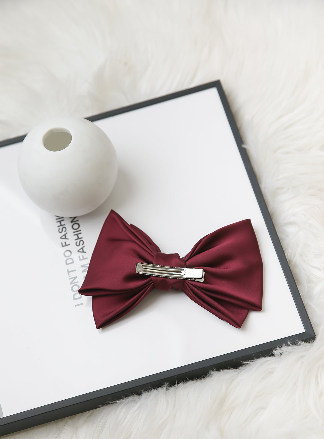 Silky big ribbon triple hairpin (wine)