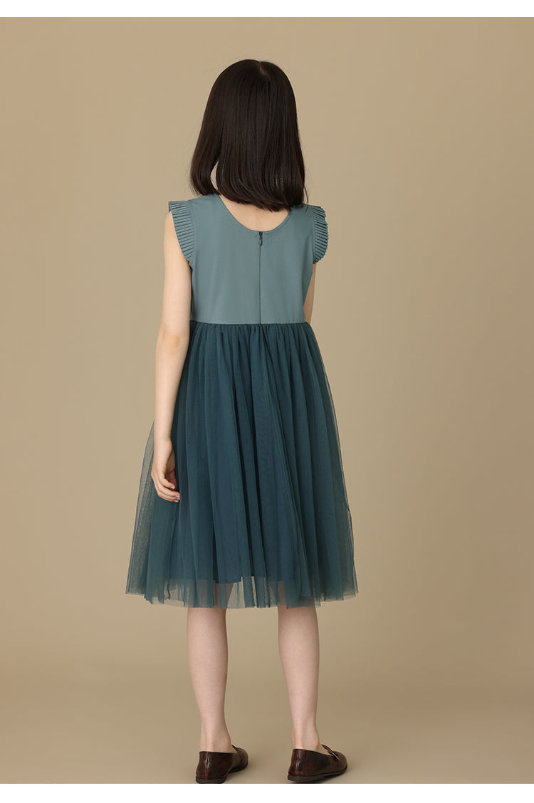 K6030 - Green grey organ pleated tulle dress