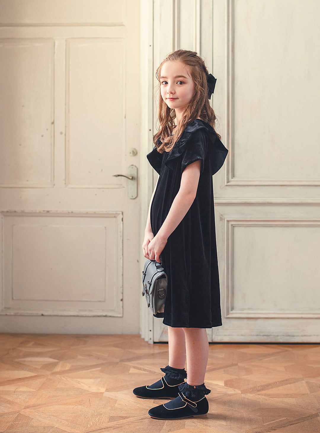 K3052 - Black velvet ruffle dress