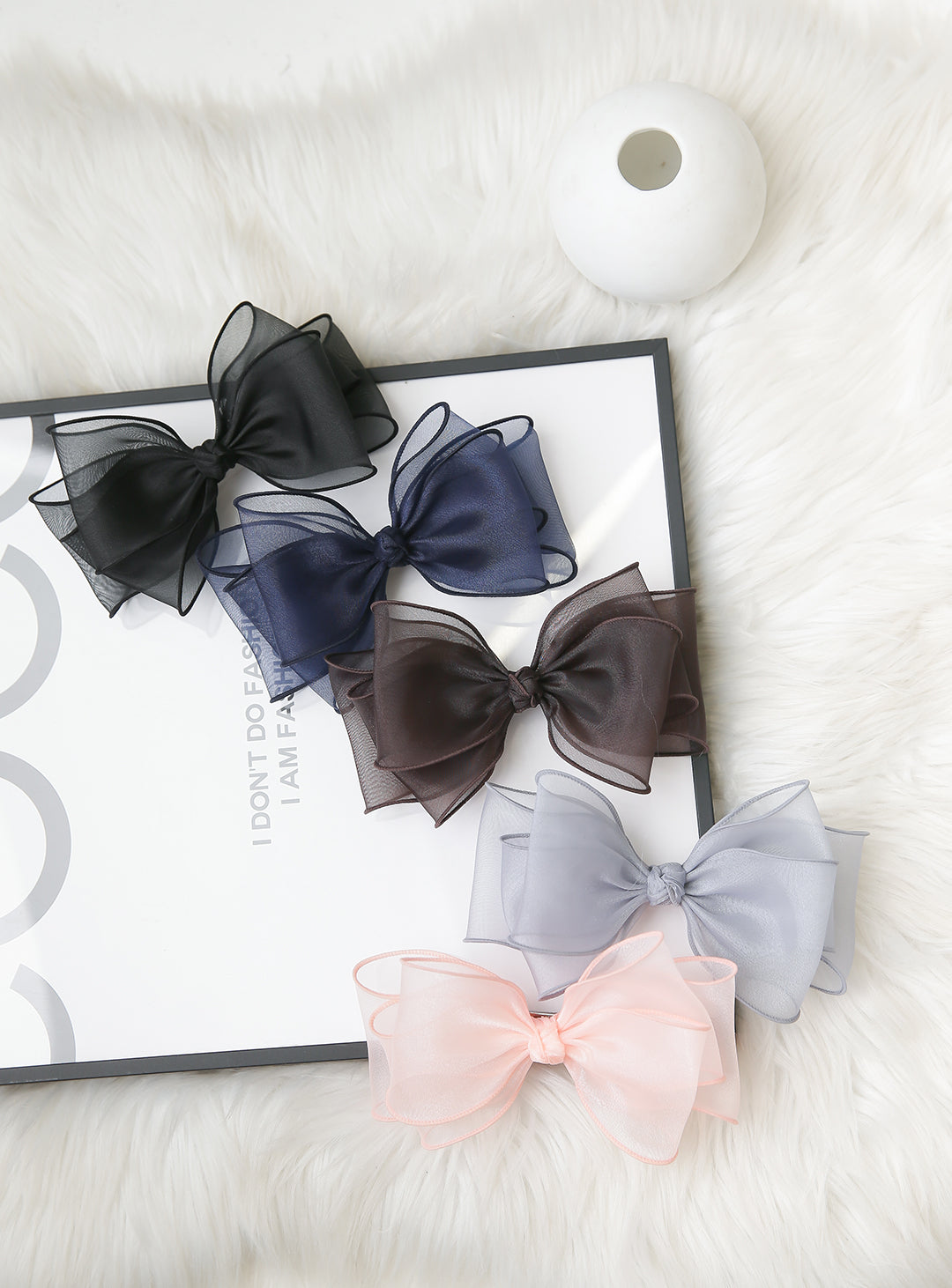 Volume chiffon triple bow hairpin (black)