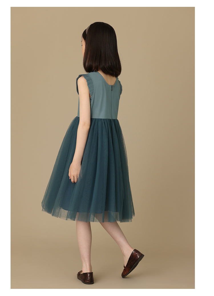 K6030 - Green grey organ pleated tulle dress