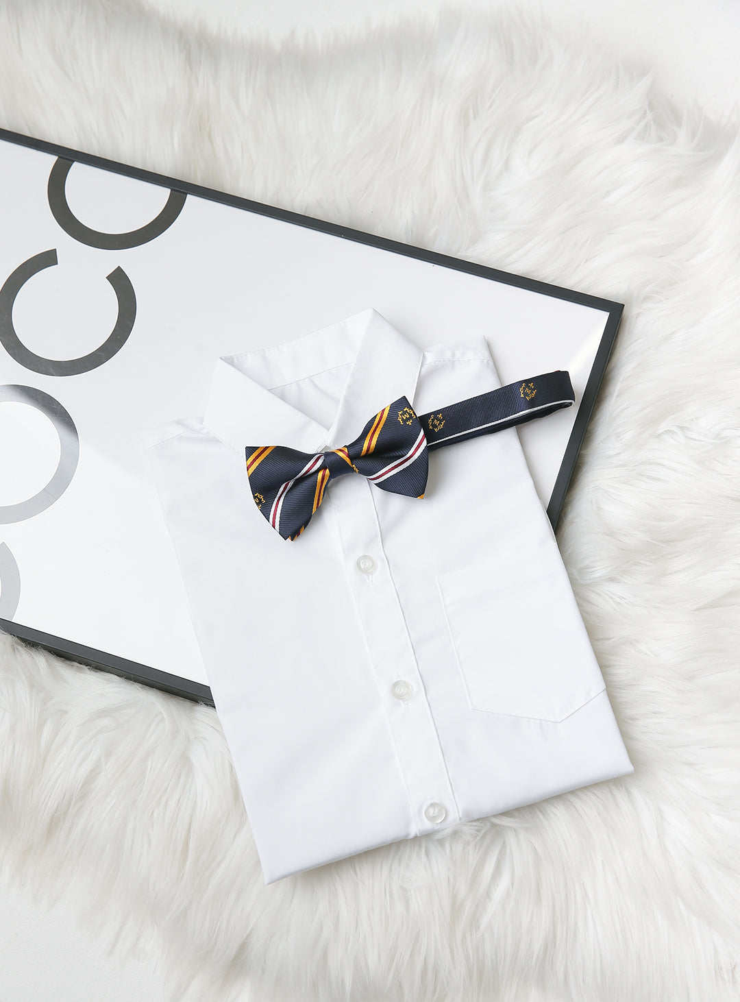 Navy, yellow and white regimented stripe bow tie