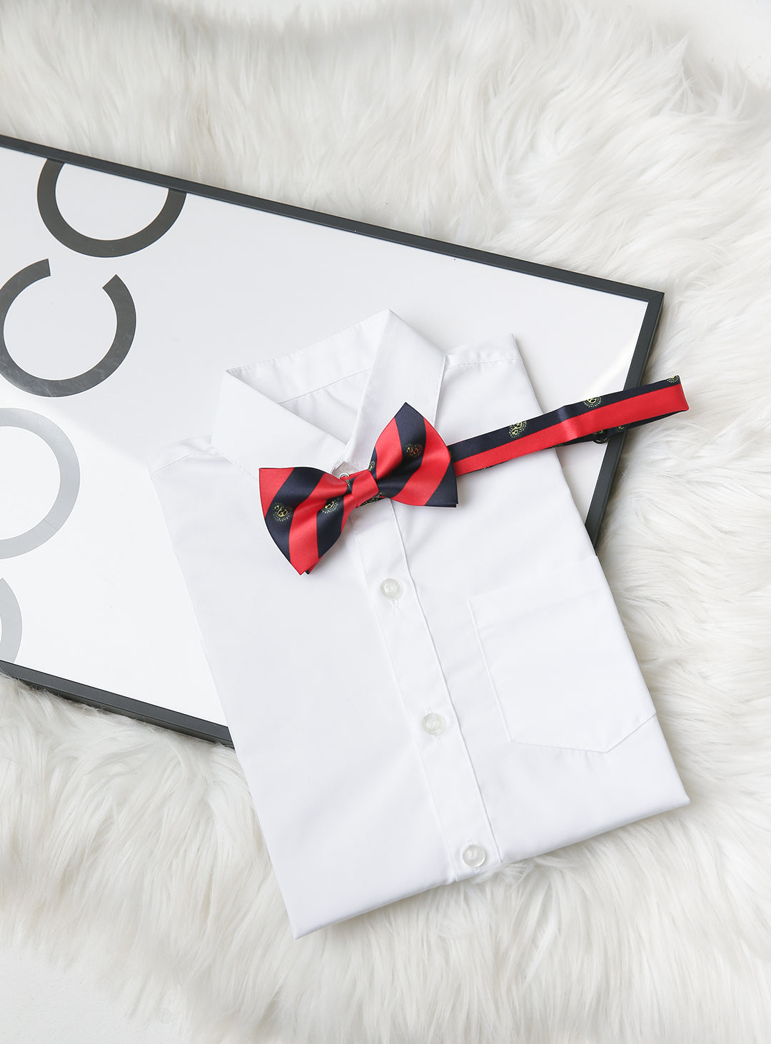 Red and navy regimented stripe bow tie