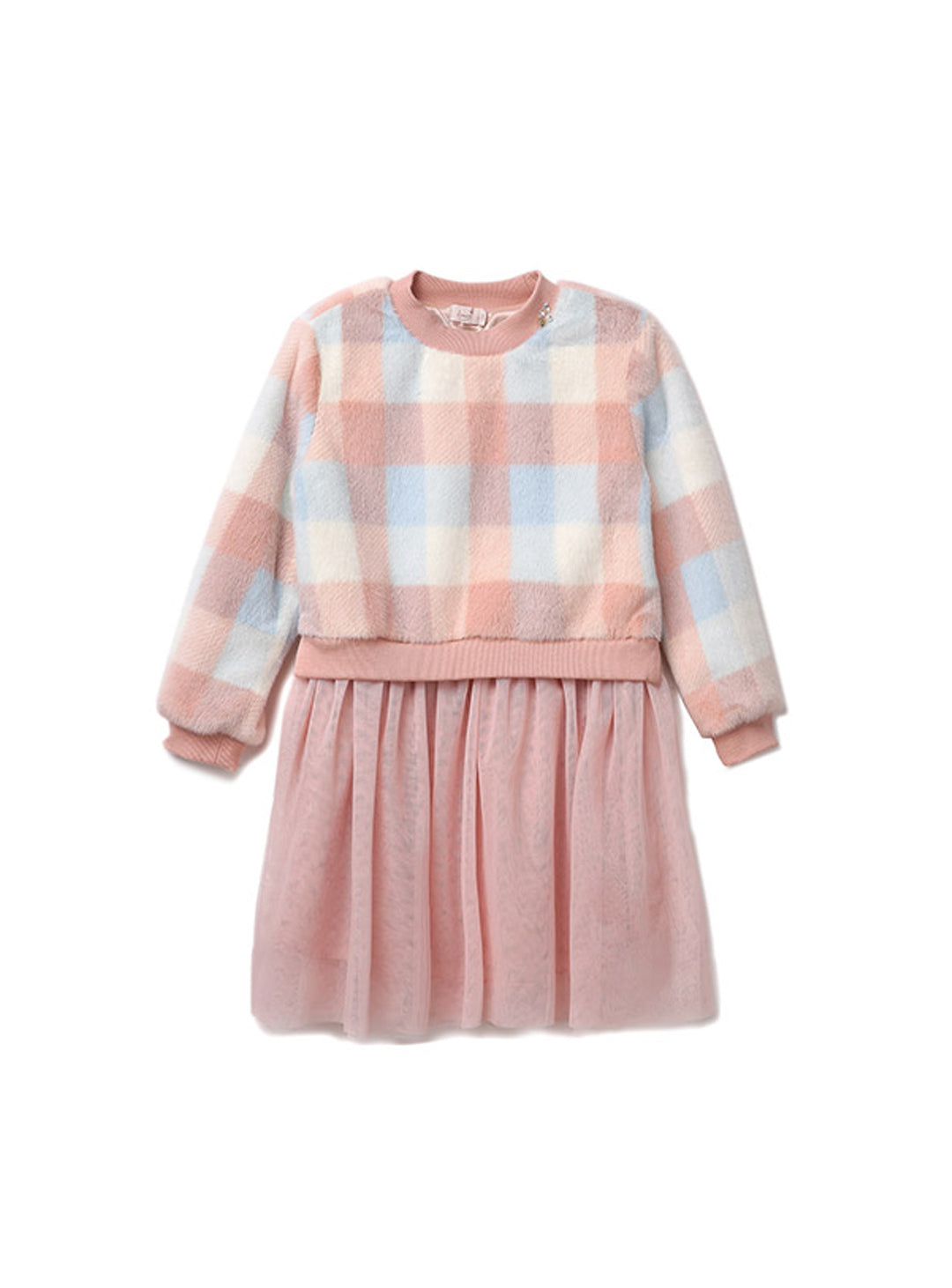 [perimitz] Fluffy Fur Long-Sleeved Checked Tulle Dress