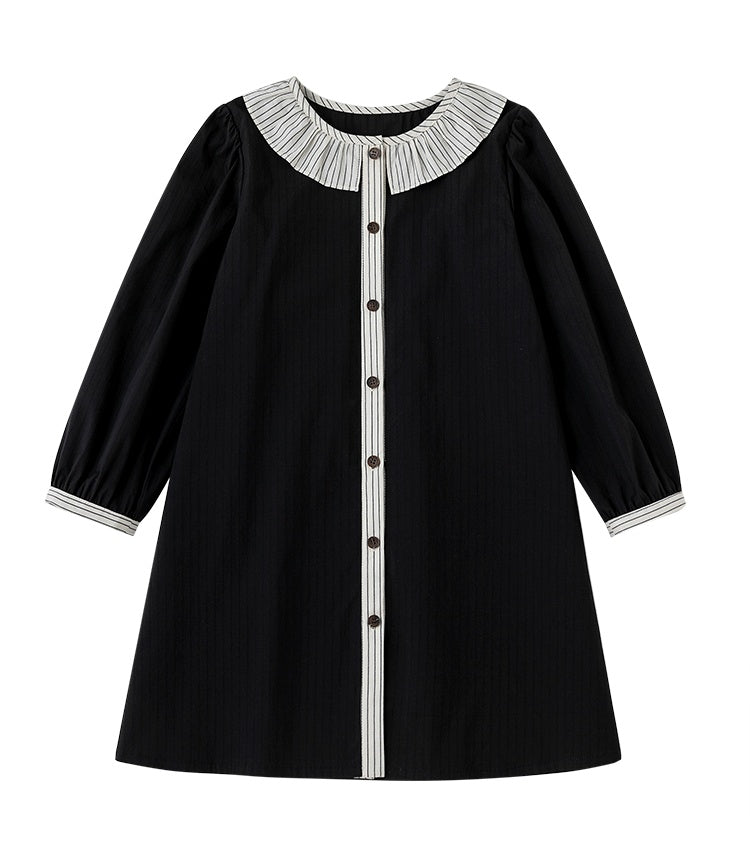 K3014 - 褶领黑色长袖连衣裙 [130~140].