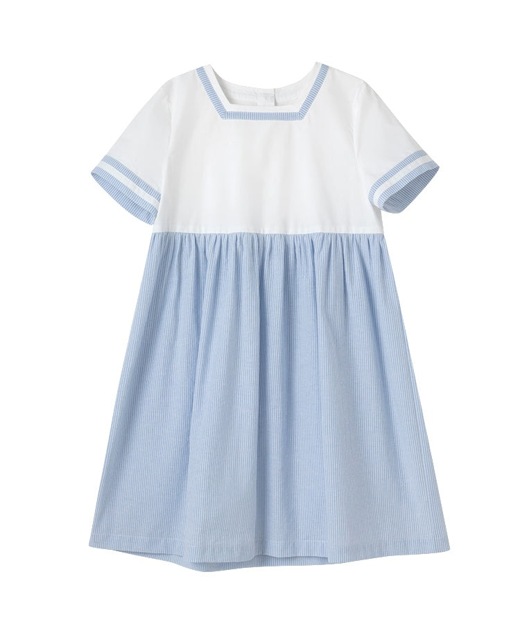 K5009 - Blue stripe square neck short sleeve dress