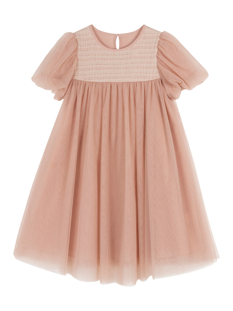 K5025 - Puff sleeves tulle dress with décolleté switching