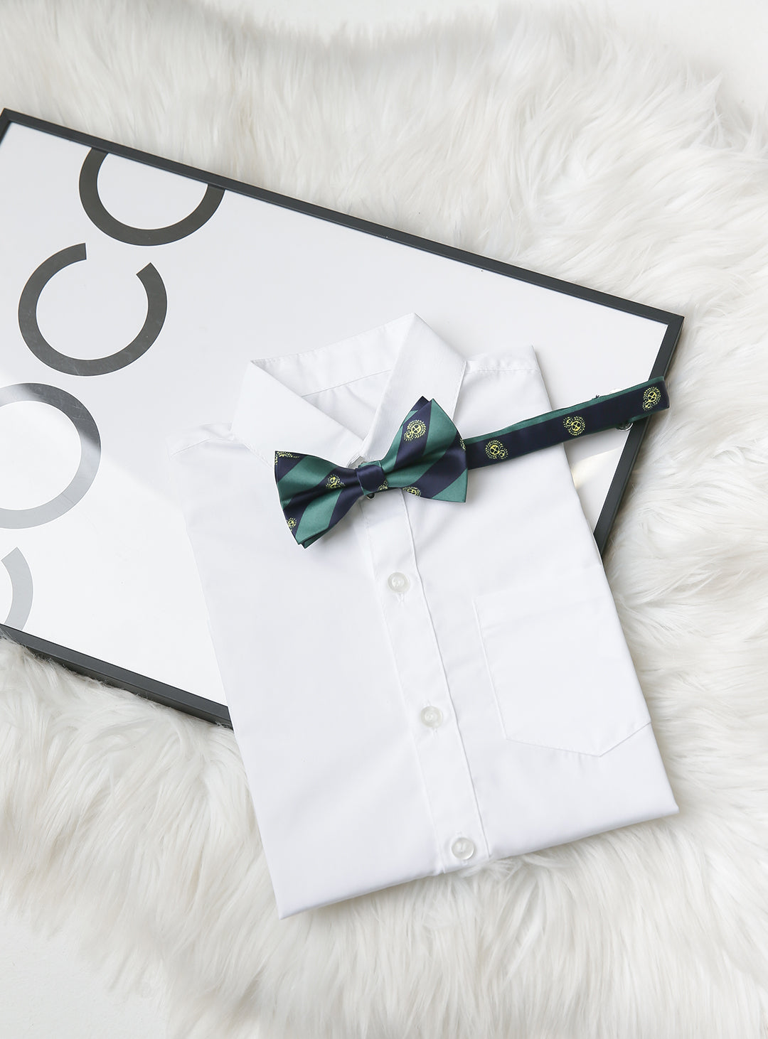 Green and navy regimented stripe bow tie