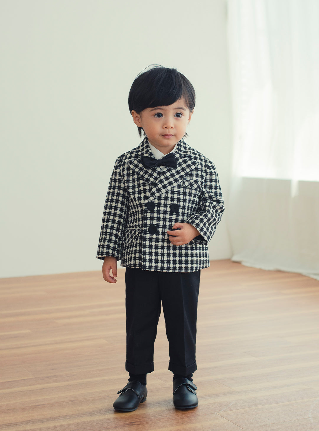 ハウンドトゥースツイードスーツセット(ジャケット、長ズボン、蝶ネクタイ)