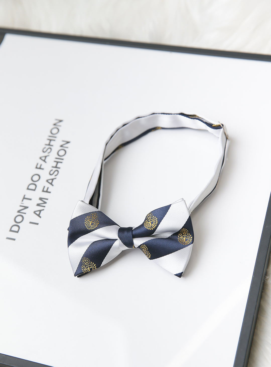 White and navy regimented stripe bow tie