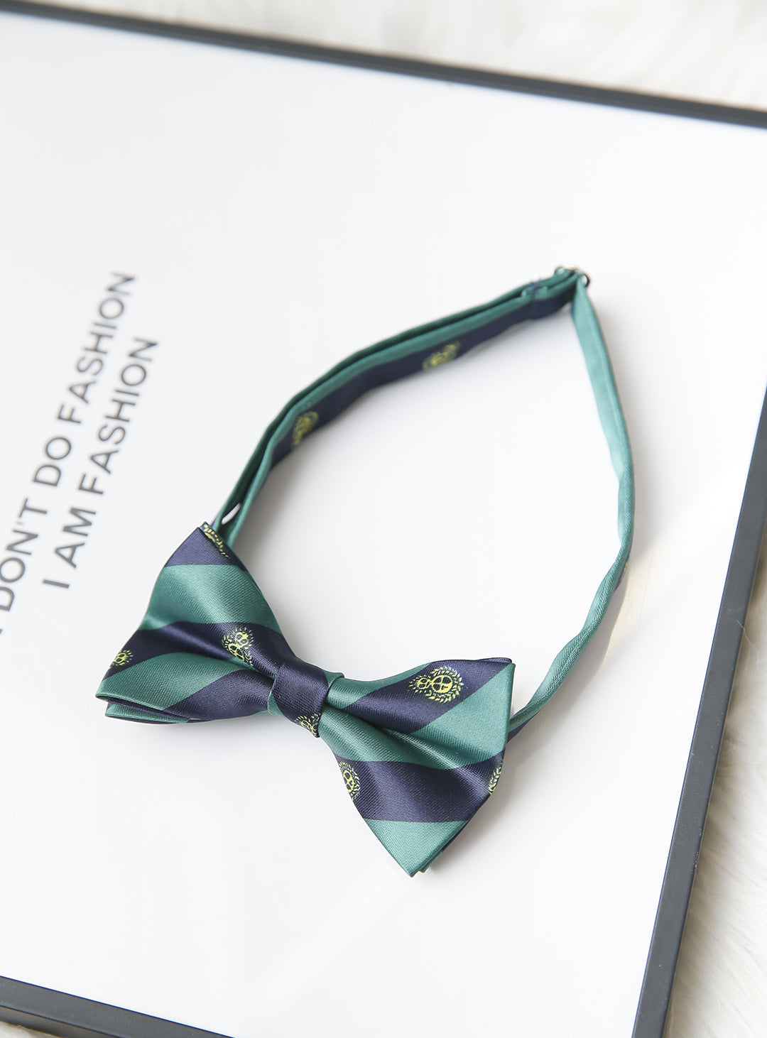 Green and navy regimented stripe bow tie