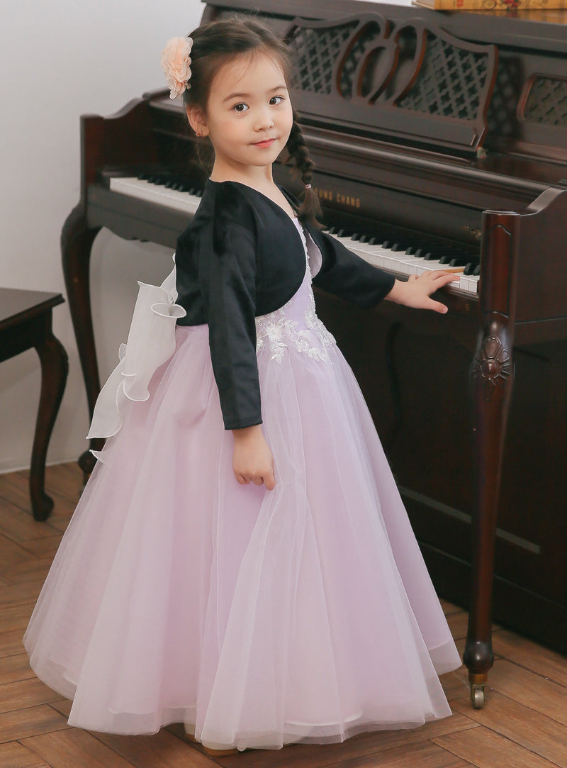 子供ドレス発表会・結婚式・おしゃれなDRESCCOのライラックフラワー刺繍ロングドレスの画像2