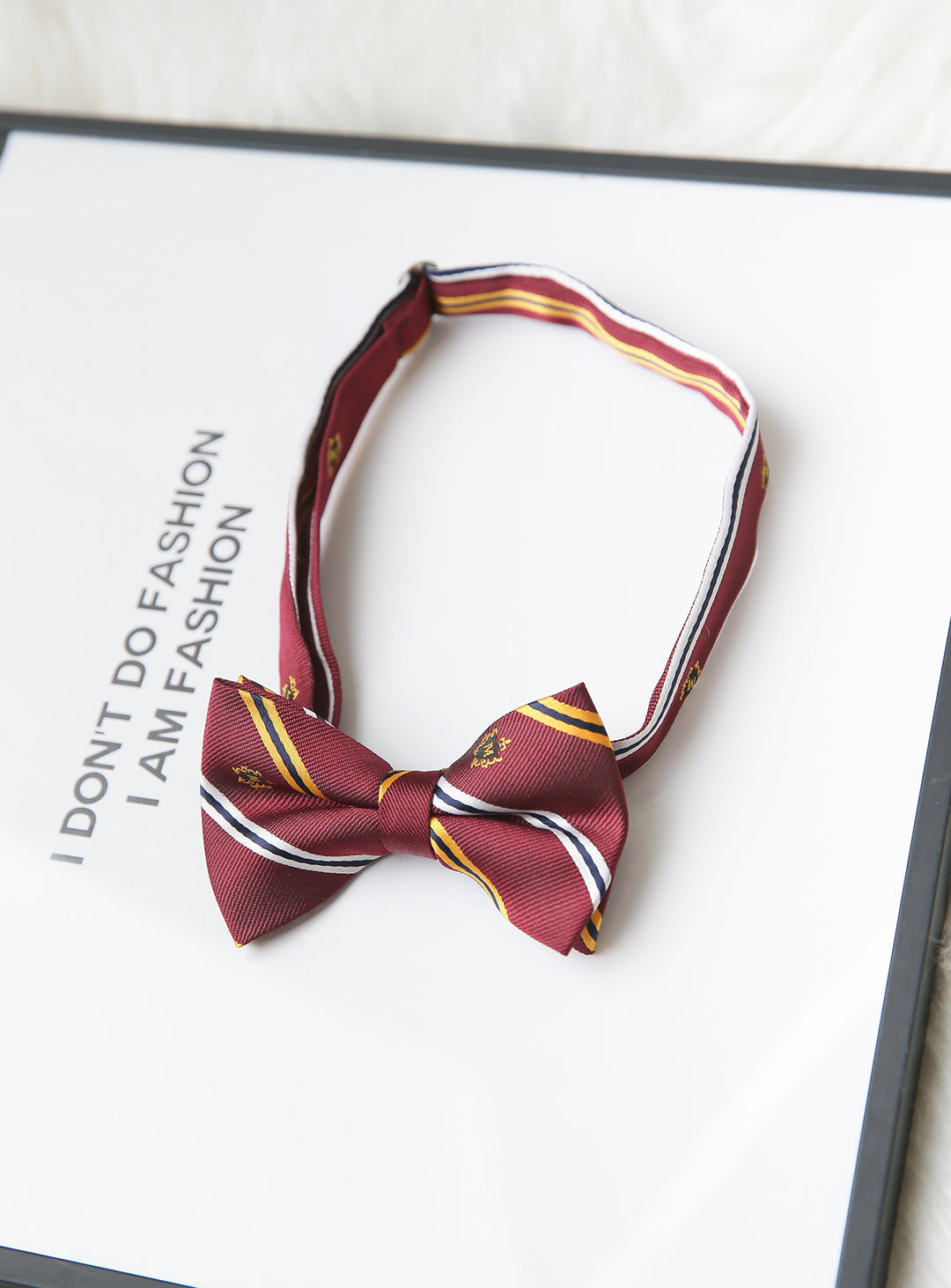 Wine red × yellow × white regimented stripe bow tie