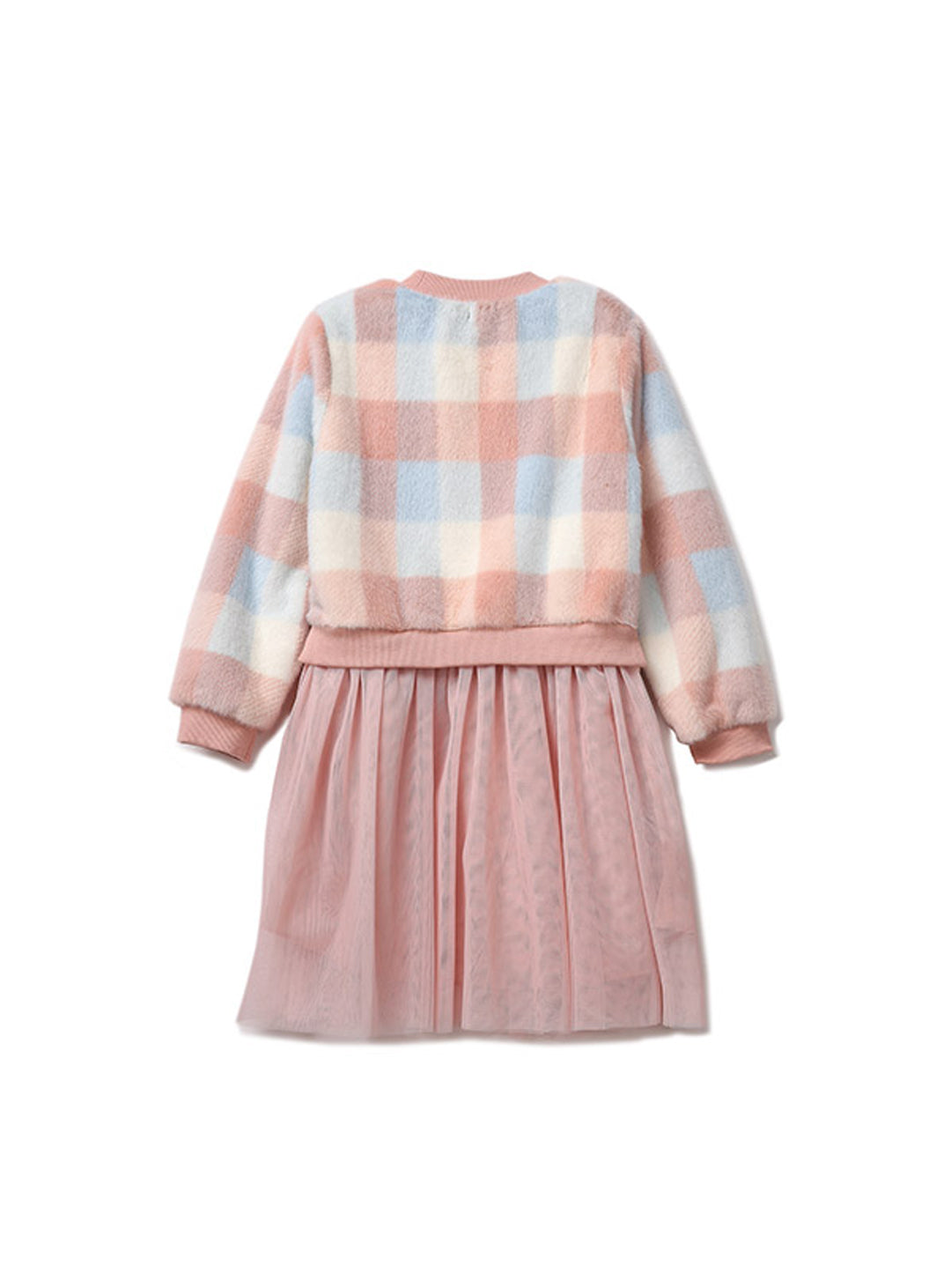 [perimitz] Fluffy Fur Long-Sleeved Checked Tulle Dress