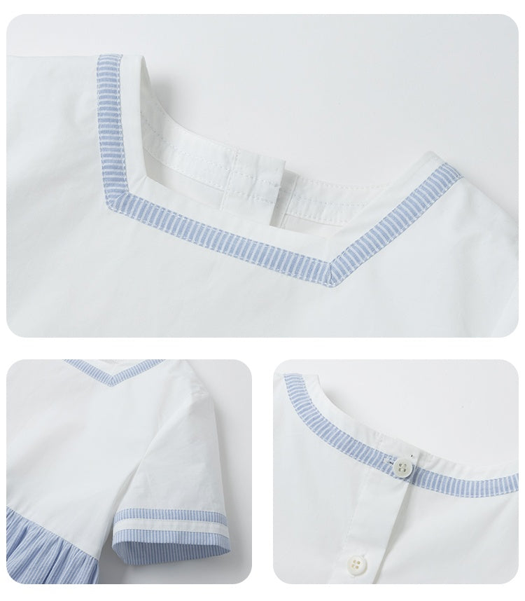 K5009 - Blue stripe square neck short sleeve dress