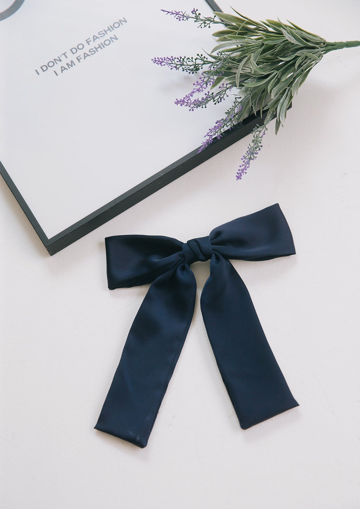 Navy satin long ribbon hairpin