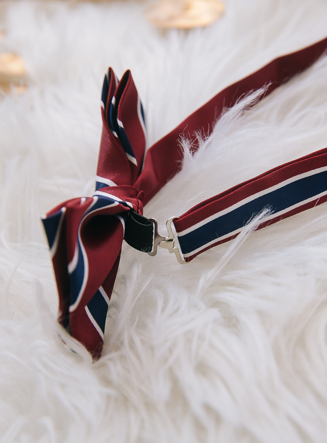 Wine red and navy regiment stripe bow tie